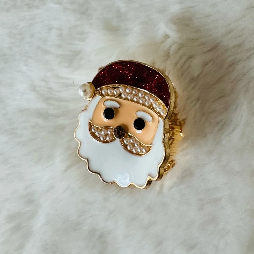 Festive Santa Claus mini Hair Claw Clip, pearl, enamel, gold